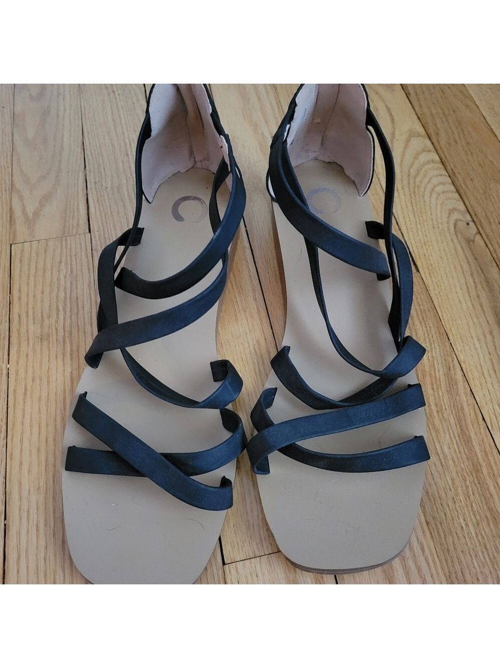 JOURNEE COLLECTION size 11 Black Side Elastic Strappy Lanza Square Toe Wedge Zip